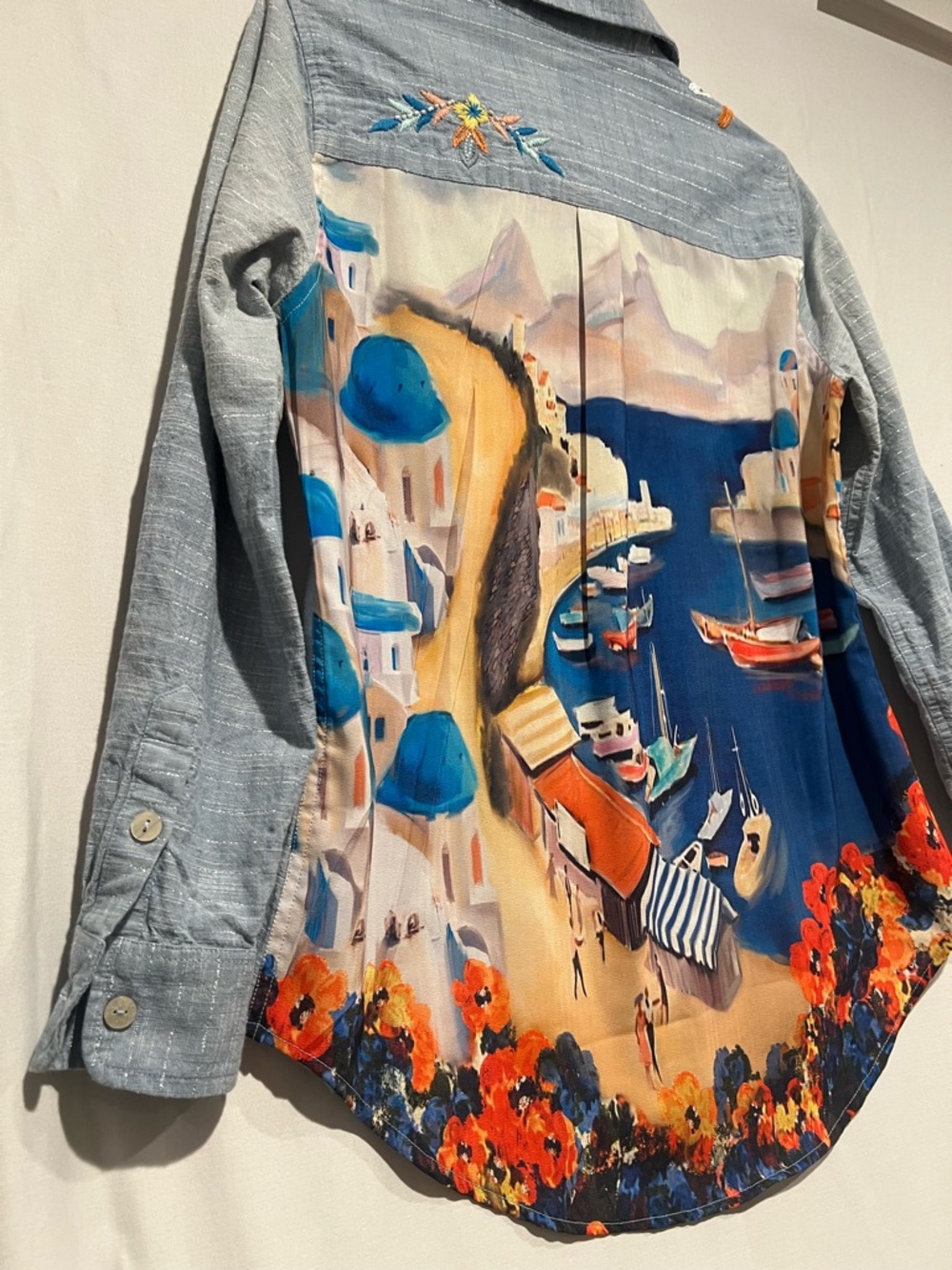 Soft Surroundings Embellished Santorini Print Shirt Cotton XSP Beaded - Picture 10 of 11